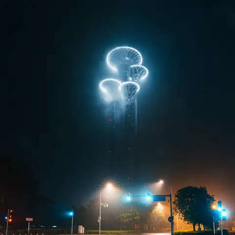深蓝夜幕中绽放的环形烟花